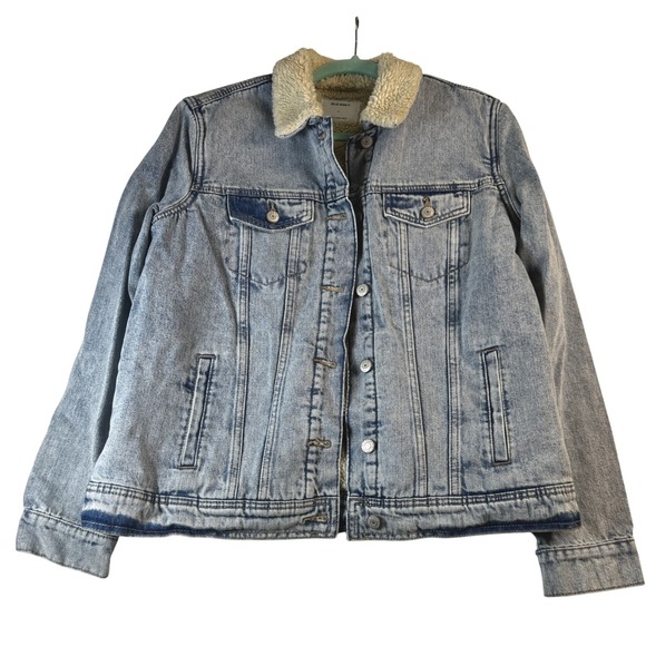 Old Navy Womens Denim Sherpa Lined Jacket Size L Jean Trucker Blue Coat - Picture 1 of 6